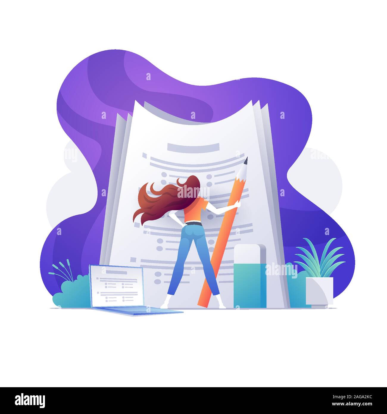 A self-confident woman standing on big papers. Education, exam, poll, success concept. Bright vibrant purple isolated vector illustration. Stock Vector