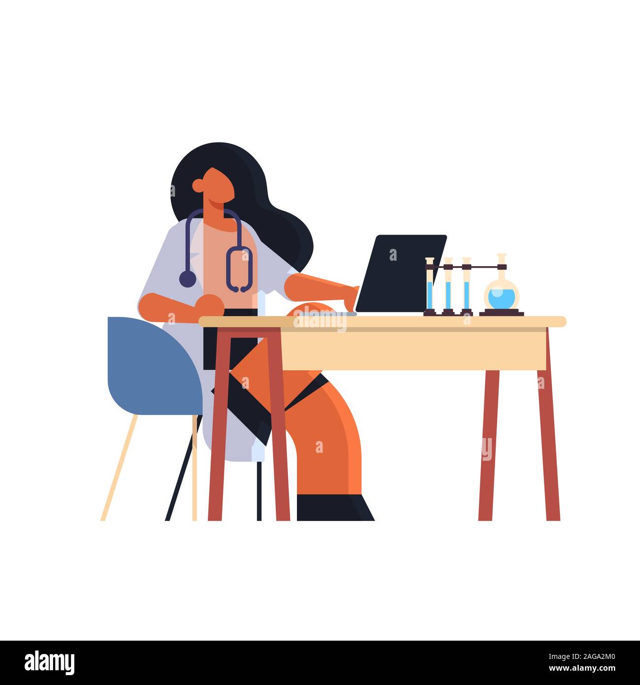 female practitioner doctor using laptop woman researcher sitting at workplace desk with test tubes medicine healthcare concept hospital medical laboratory worker in white coat full length flat vector illustration Stock Vector