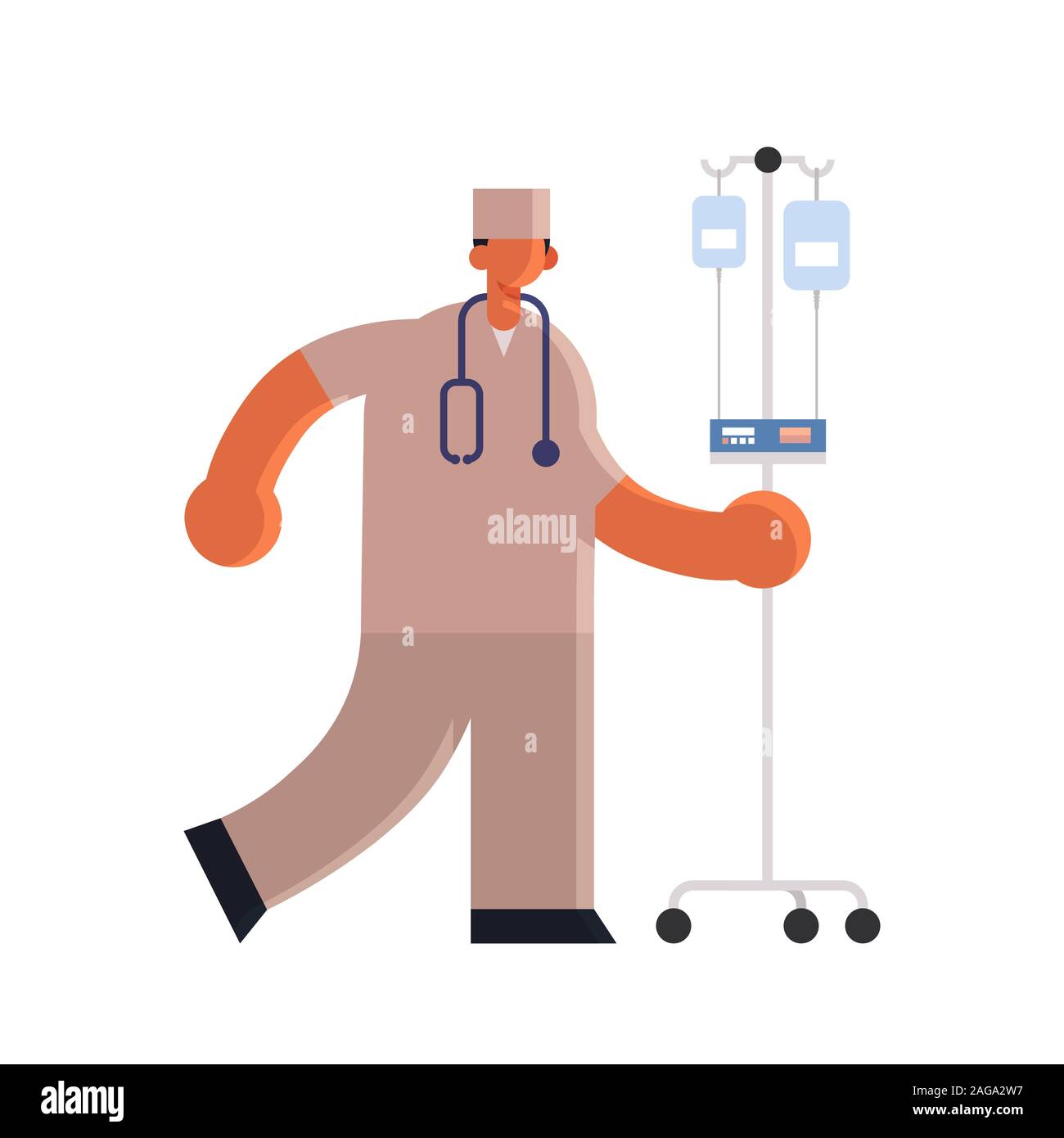 male doctor anesthesiologist in uniform holding dropper medicine healthcare concept hospital medical clinic worker with stethoscope full length white background flat vector illustration Stock Vector