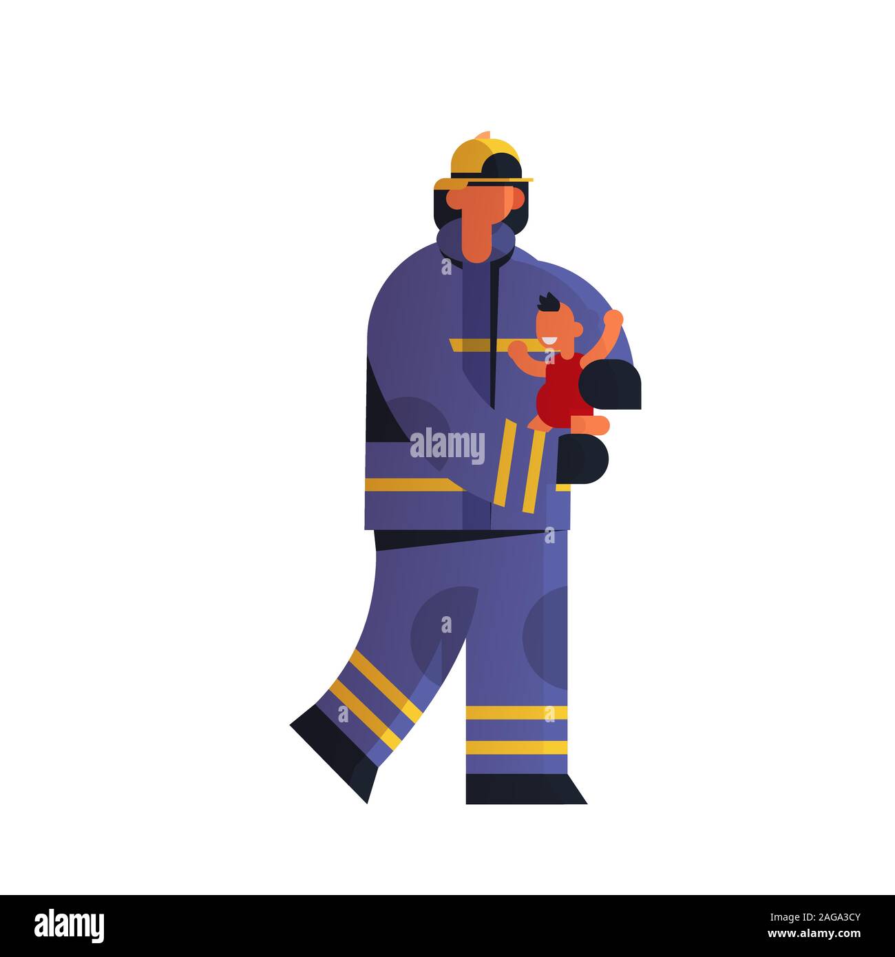 brave fireman rescuing little child firefighter in uniform and helmet ...