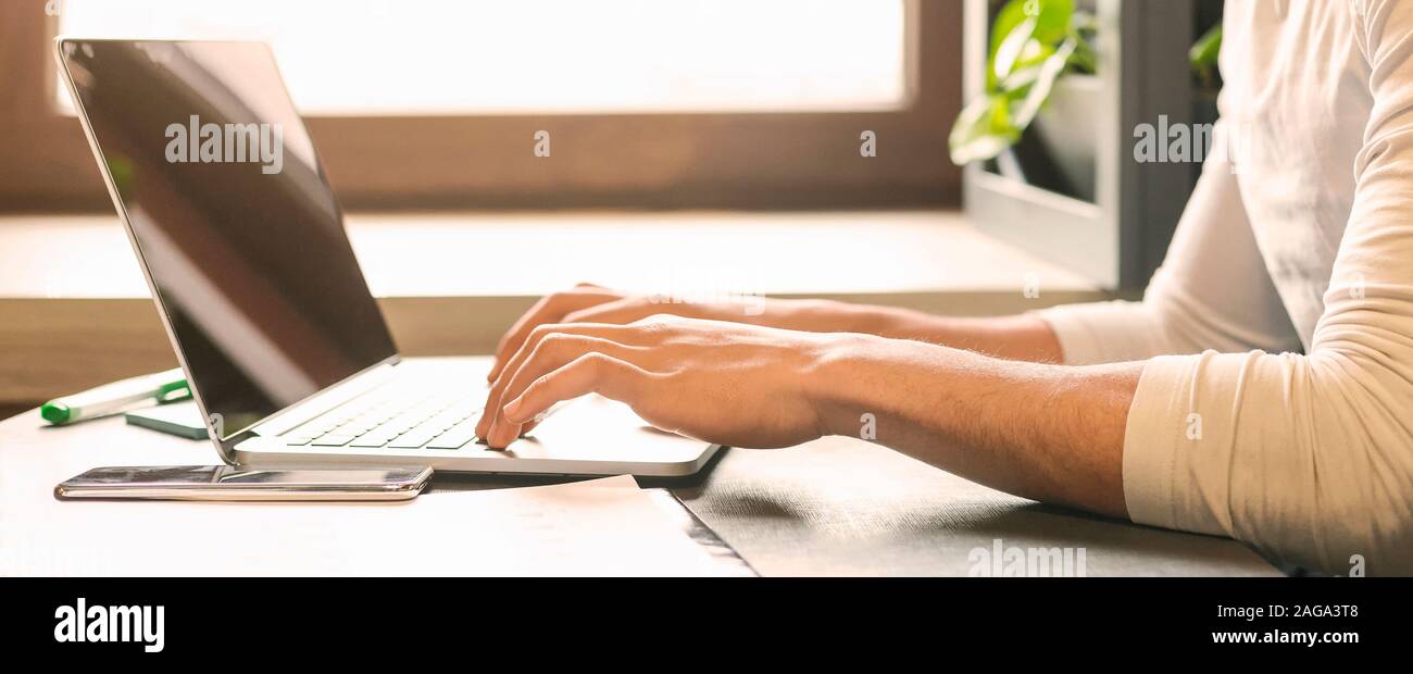 IT developer working on laptop in cafe, typing on keyboard Stock Photo