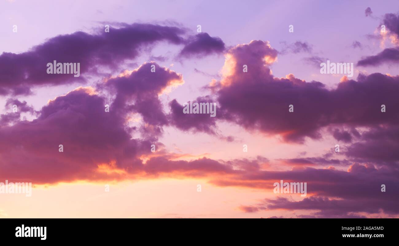 Colorful cloudy sky at sunrise, wide panoramic background photo Stock Photo