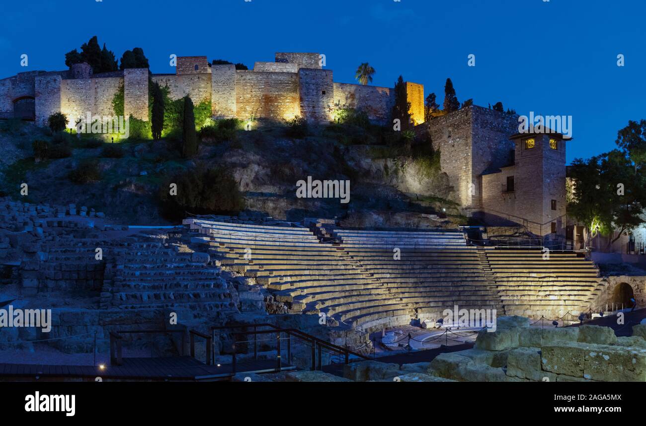 Roman theatre and the Moorish alcazaba, or fortress, Malaga, Malaga Province, Costa del Sol, Andalusia, southern Spain. Stock Photo