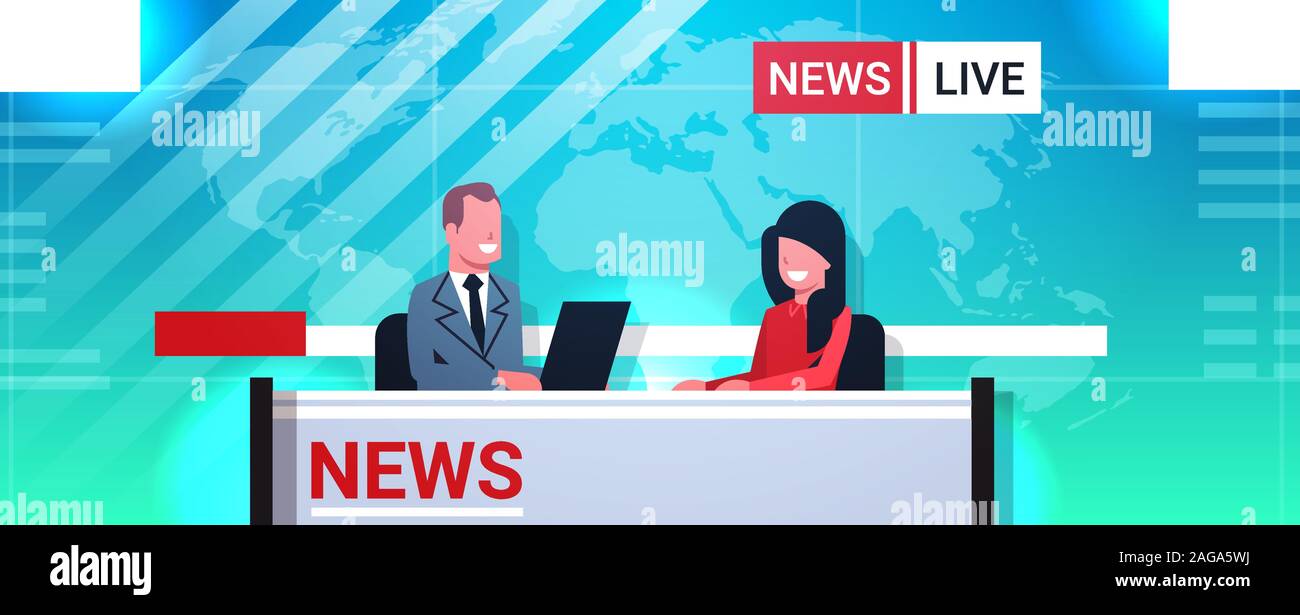 male presenter interviewing woman in television studio tv live news show video camera shooting crew broadcasting concept flat portrait horizontal vector illustration Stock Vector