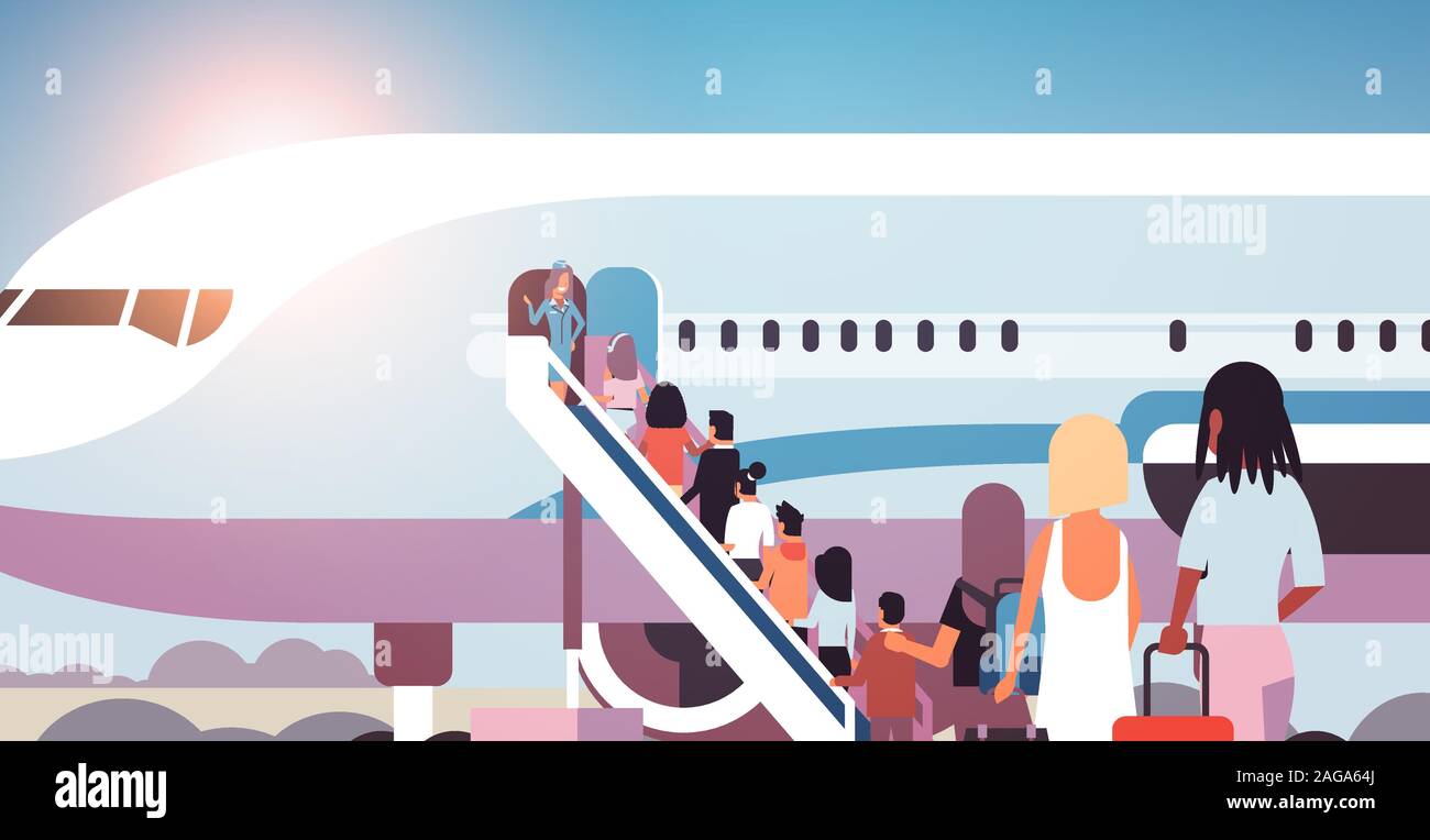queue of people travelers with luggage going to plane mix race rear view passengers climb the ladder to board aircraft boarding travel concept flat horizontal vector illustration Stock Vector