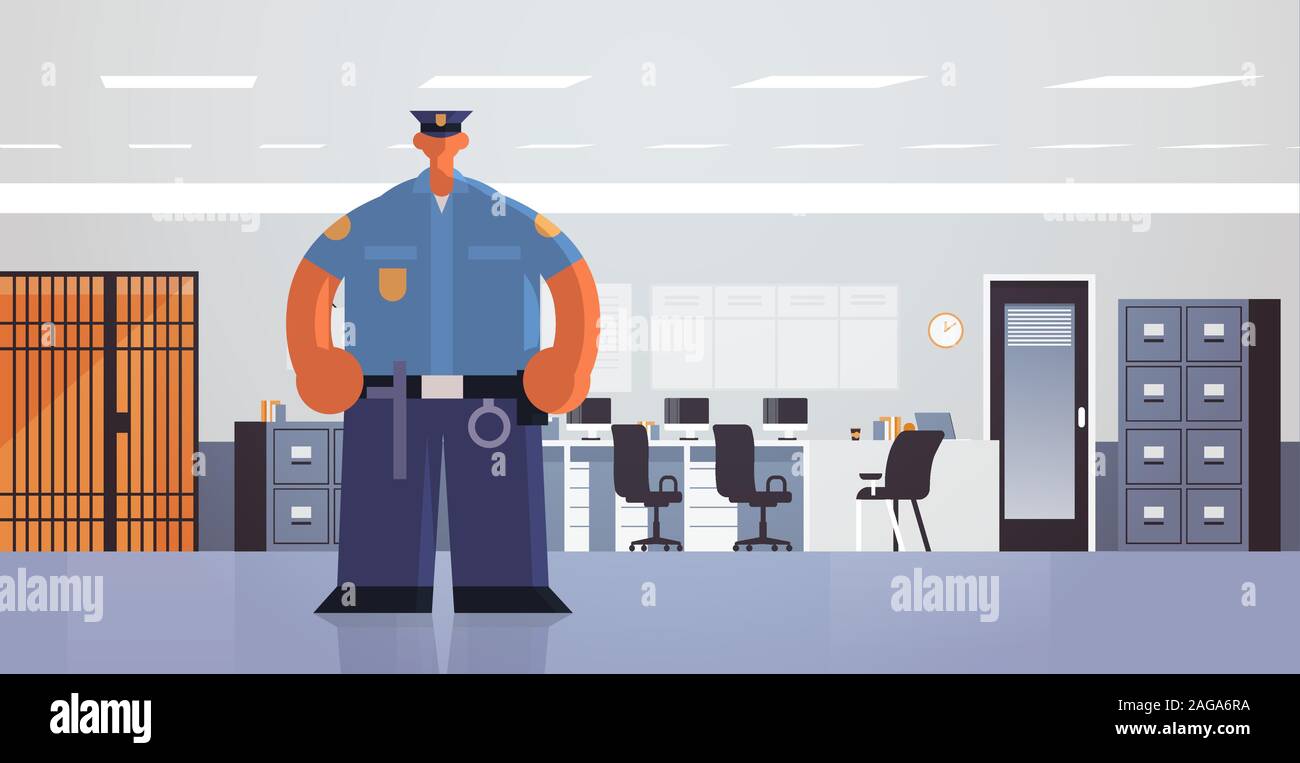 officer standing pose policeman in uniform security authority justice law service concept modern police department office interior flat full length horizontal vector illustration Stock Vector