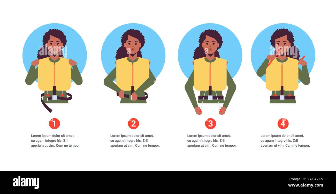 set guidance from stewardess african american flight attendant explaining instructions with life vest in emergency situation step by step safety demonstration concept portrait horizontal copy space vector illustration Stock Vector