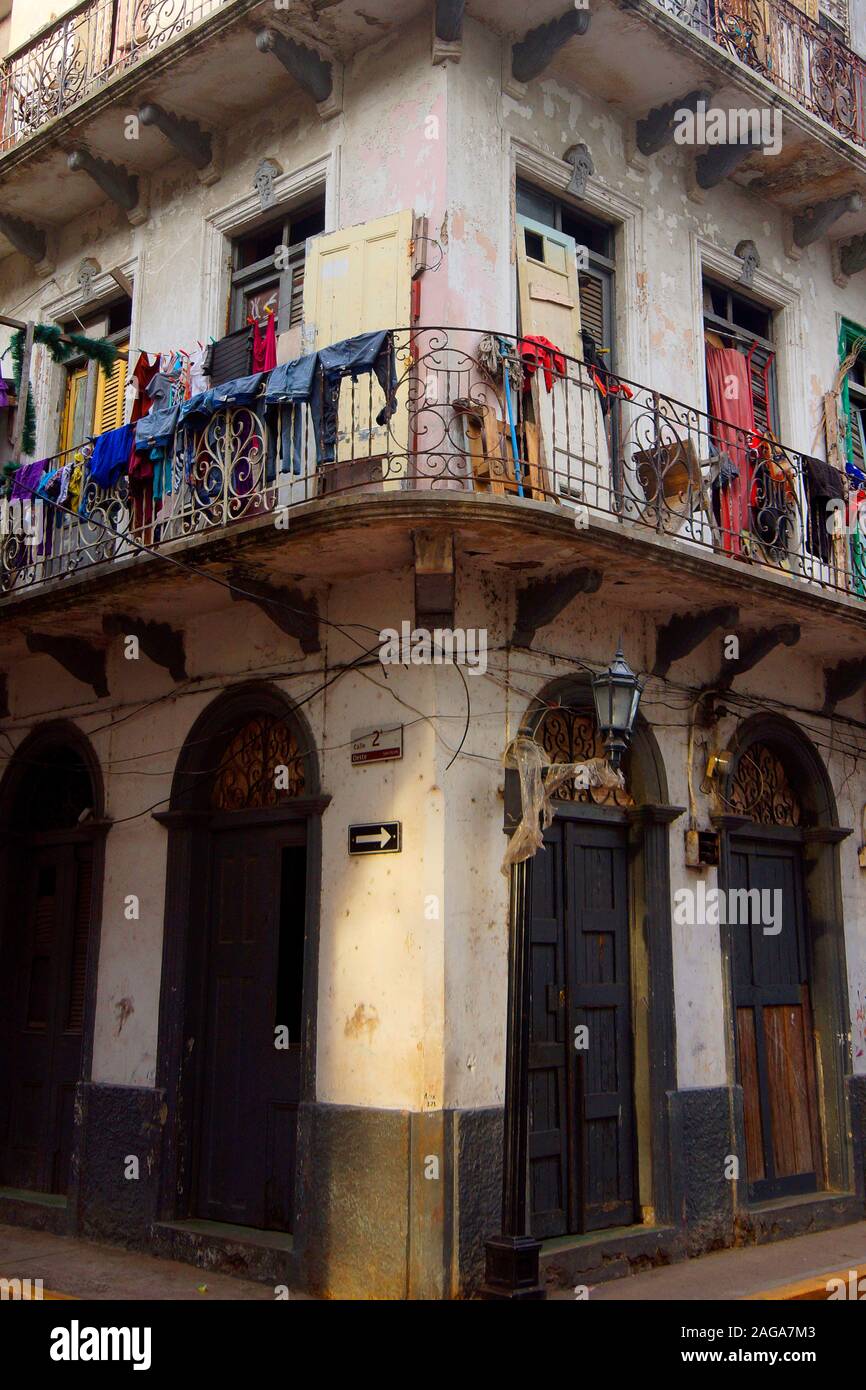 Old city, Panama City, Panama. One of many dilapidated buildings that make up the slums of Panama's old city. Stock Photo