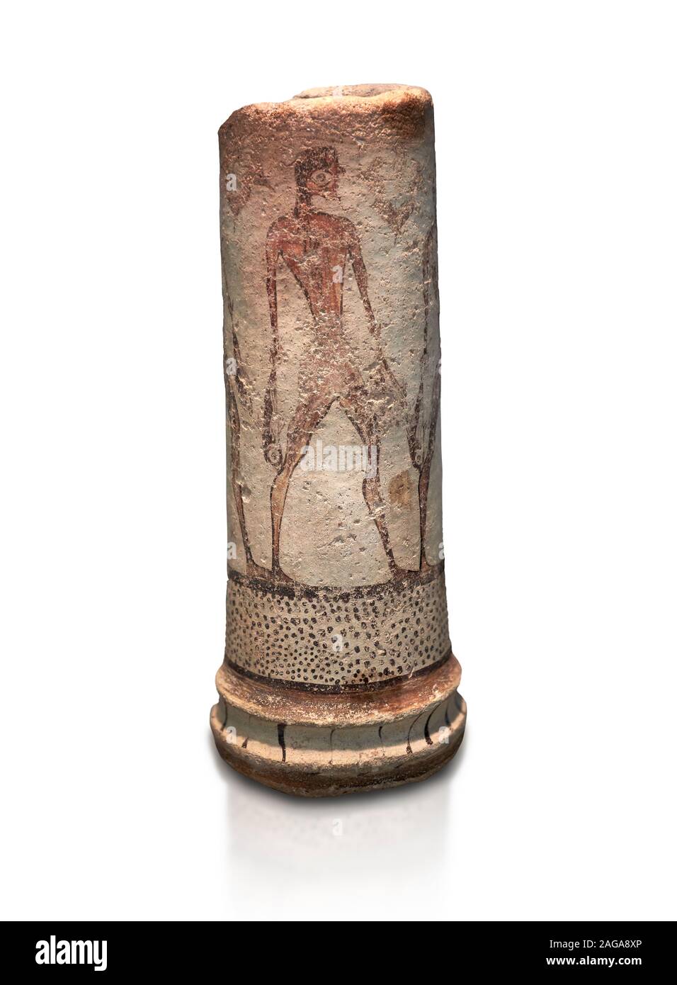 Cycladic cylindrical vase illustrated with a fisherman (1600 BC) , Phylakopi III, Melos. National Archaeological Museum Athens. Cat No 5782.  White ba Stock Photo