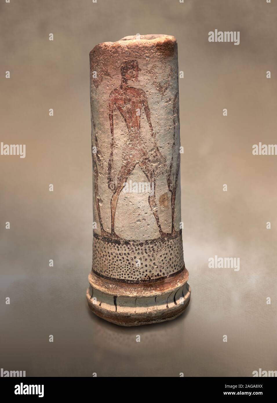 Cycladic cylindrical vase illustrated with a fisherman (1600 BC) , Phylakopi III, Melos. National Archaeological Museum Athens. Cat No 5782.  The vase Stock Photo