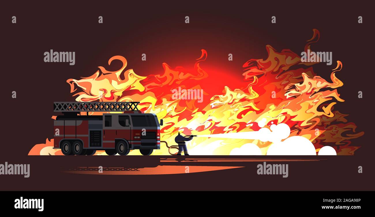 brave fireman near fire truck extinguishing flame firefighter wearing ...