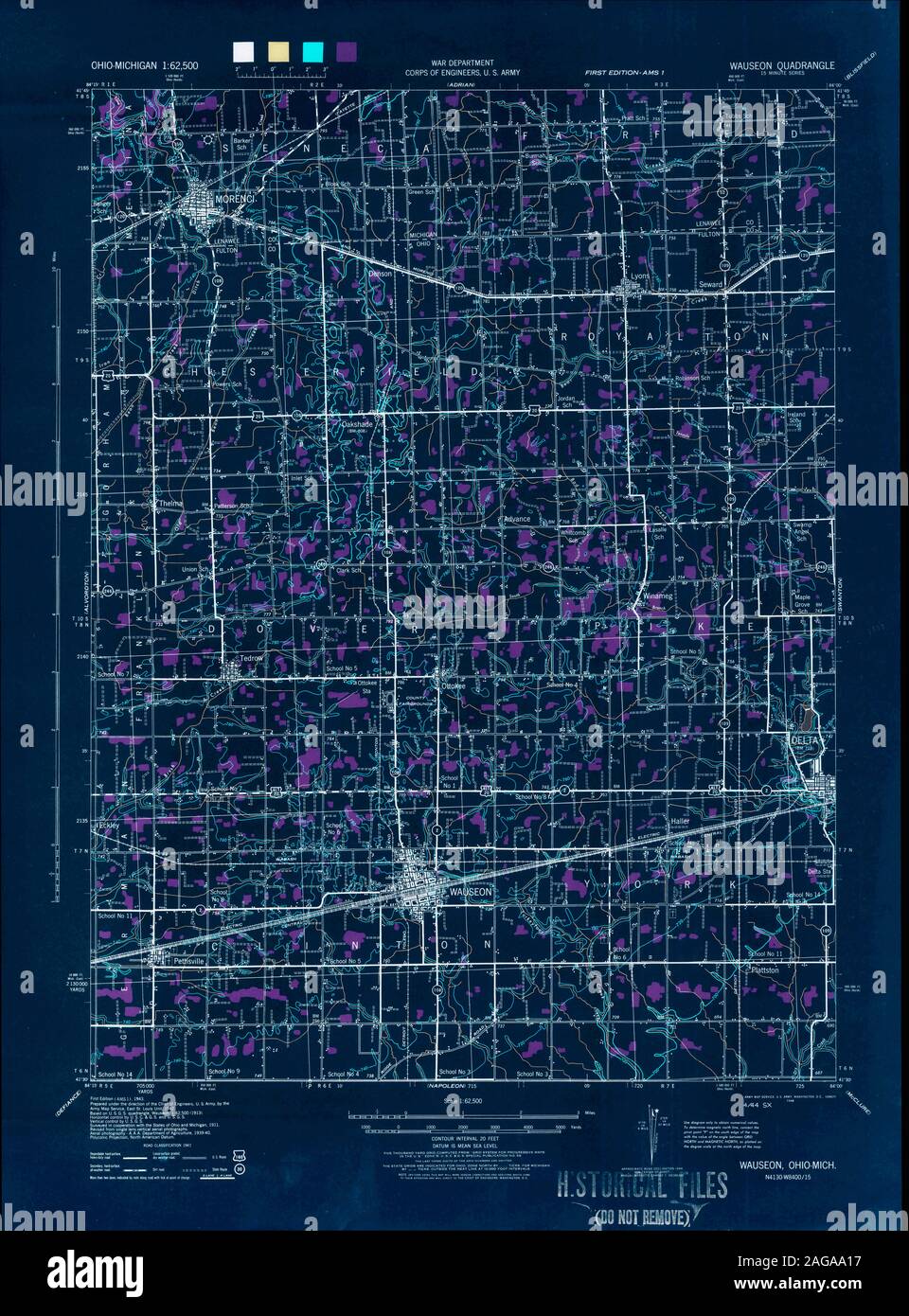 USGS TOPO Map Ohio OH Wauseon 226500 1943 62500 Inverted Restoration Stock Photo