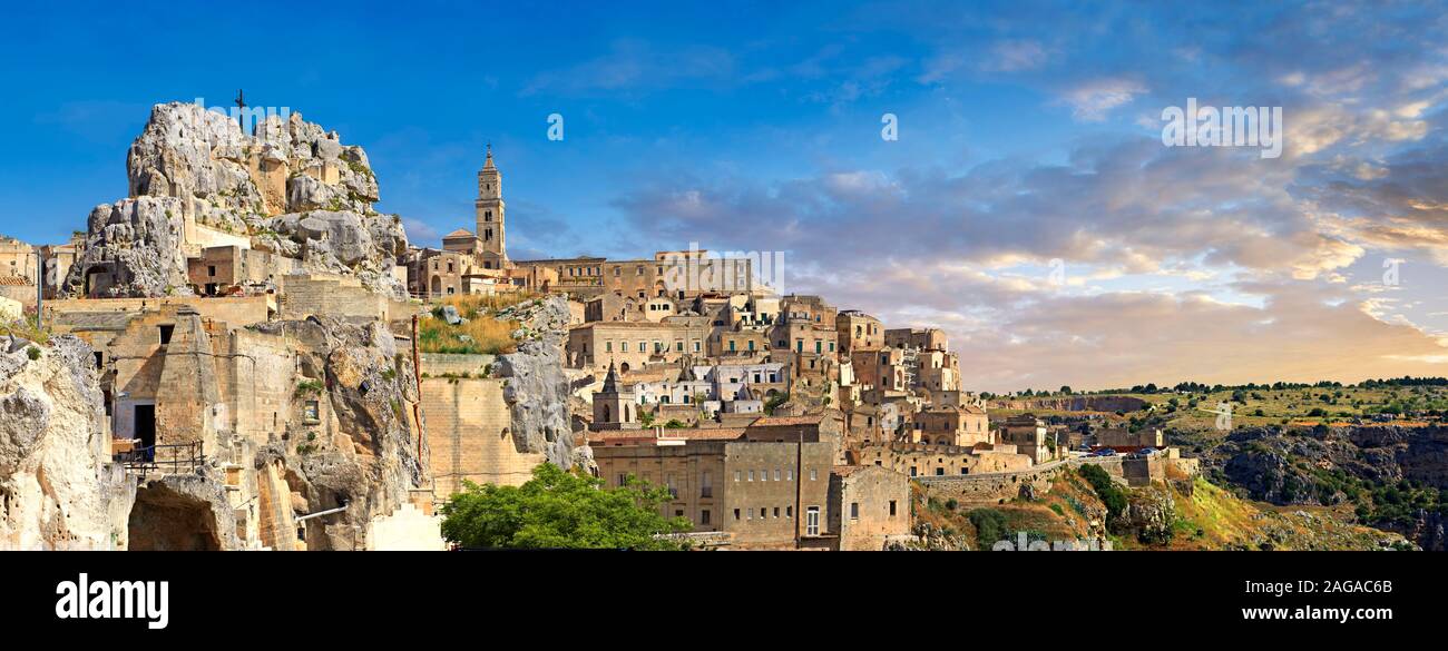 Panoramic view of the ancient Sassi of Matera area exterior, Basilicata, Italy.   The area of Matera has been occupied since the Palaeolithic (10th mi Stock Photo