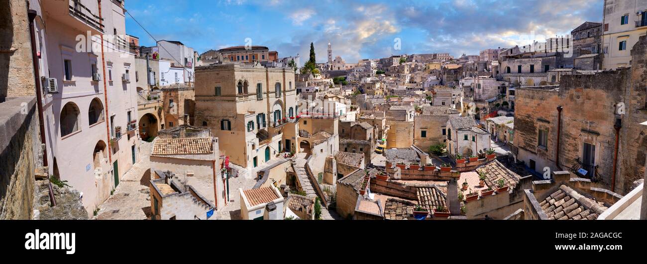 Panoramic view of the ancient Sassi of Matera area exterior, Basilicata, Italy.   The area of Matera has been occupied since the Palaeolithic (10th mi Stock Photo