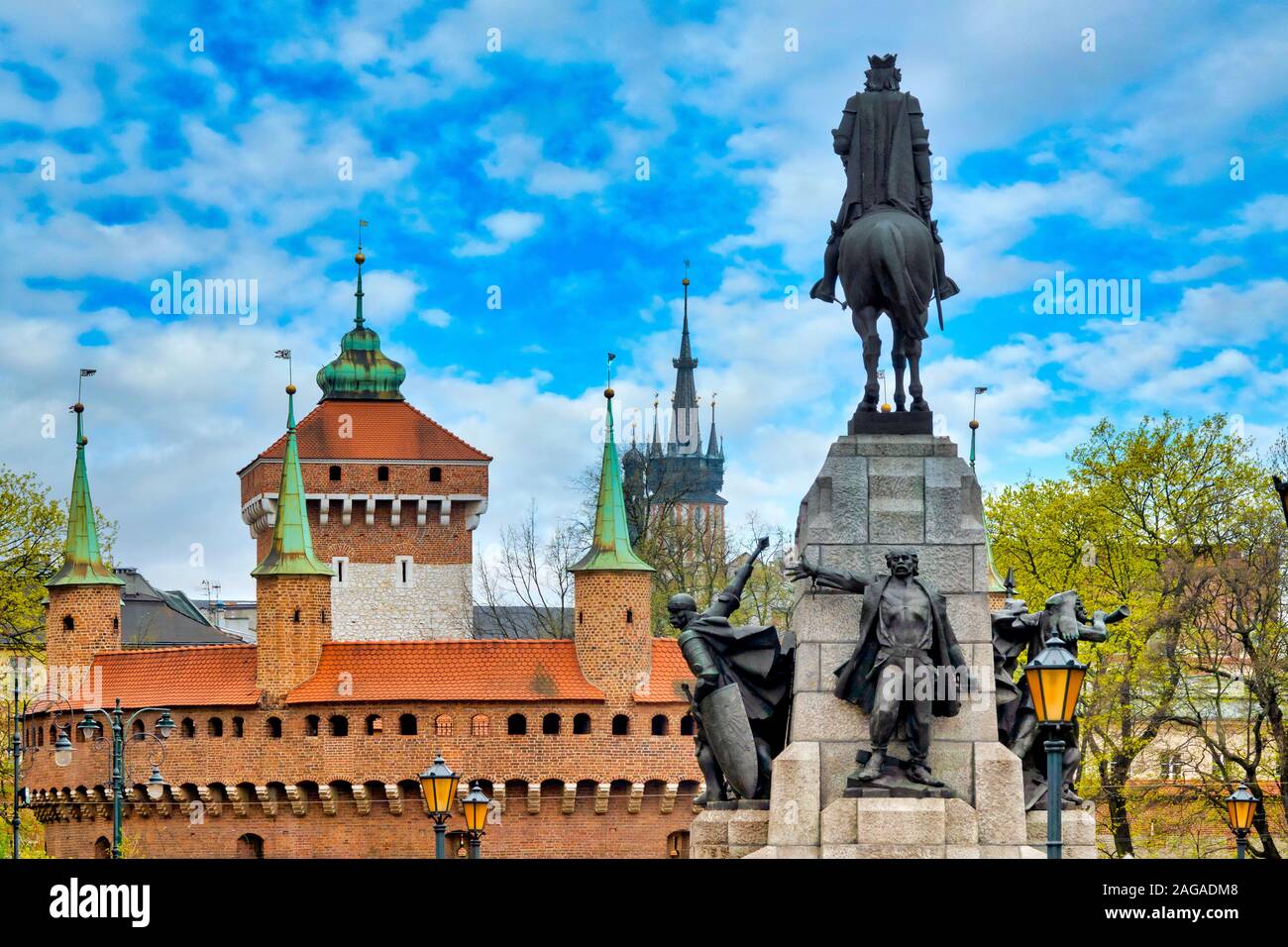 View of Matejko Square with the Grunwald Monument and the Great Barbican, Krakow, Poland, Stock Photo