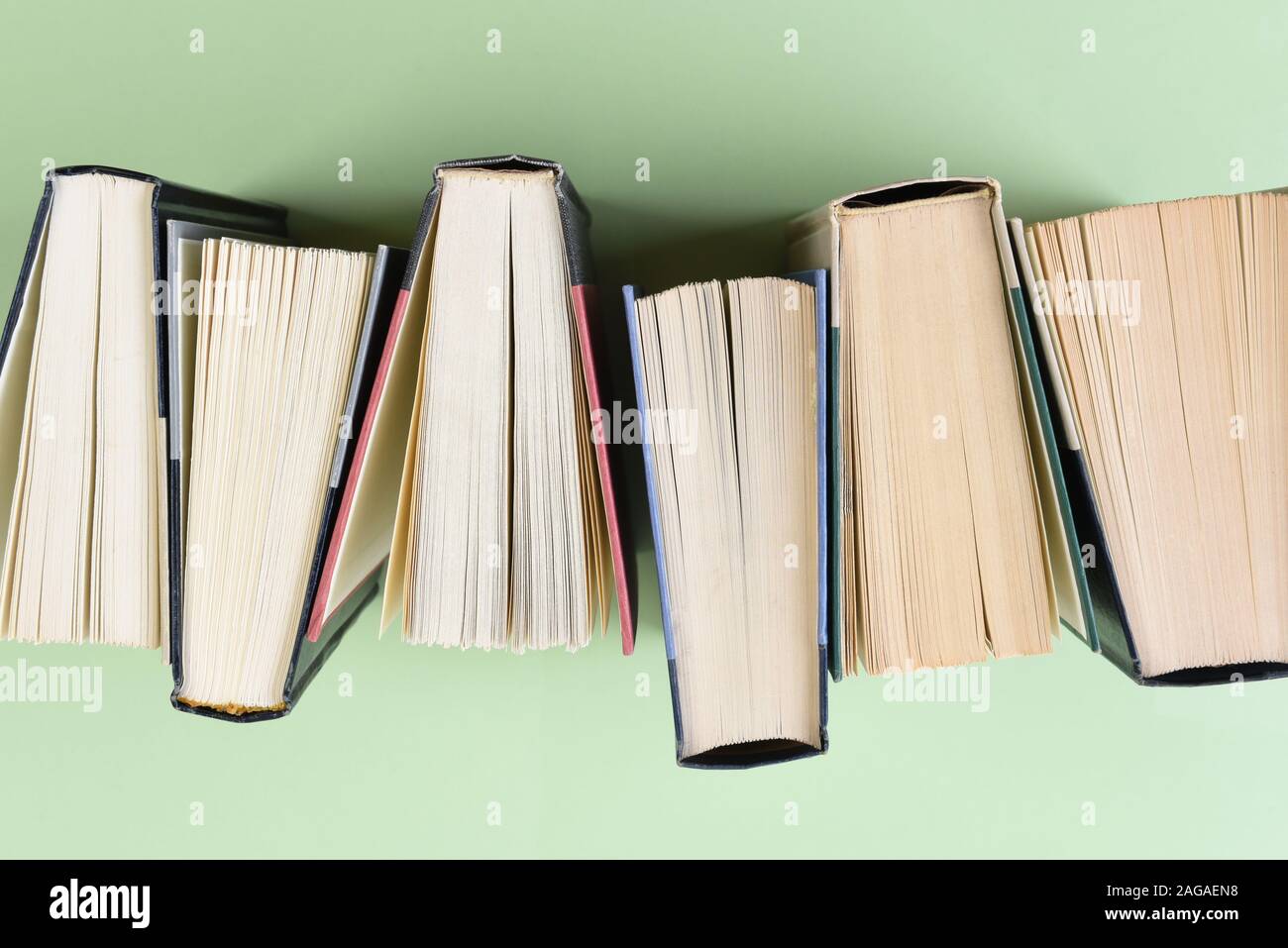 High angle closeup of a row of books on a light green background. Stock Photo