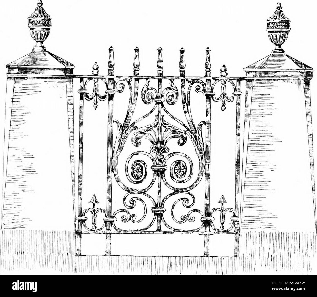 . English ironwork of the XVIIth & XVIIIth centuries; an historical & analytical account of the development of exterior smithcraft. o a a H (/!H ao ii&lt;o OU o«Olb Balustrades 251 Godfrey in the London Survey monograph on Chelsea, is illustratedby permission of Mr. Percy Lovell-. The large centre panel isformed entirely of the initials, repeated in reverse and interlaced,of Richard Chapman, who built the house in 1717, ably treatedand with very good effect. The pilasters are lyre-shaped under a. FIG. 93. BALUSTRADE TO THE STRAND FRONT OF SOMERSET HOUSE. remarkably bold satyrs mask (Fig. 92). Stock Photo