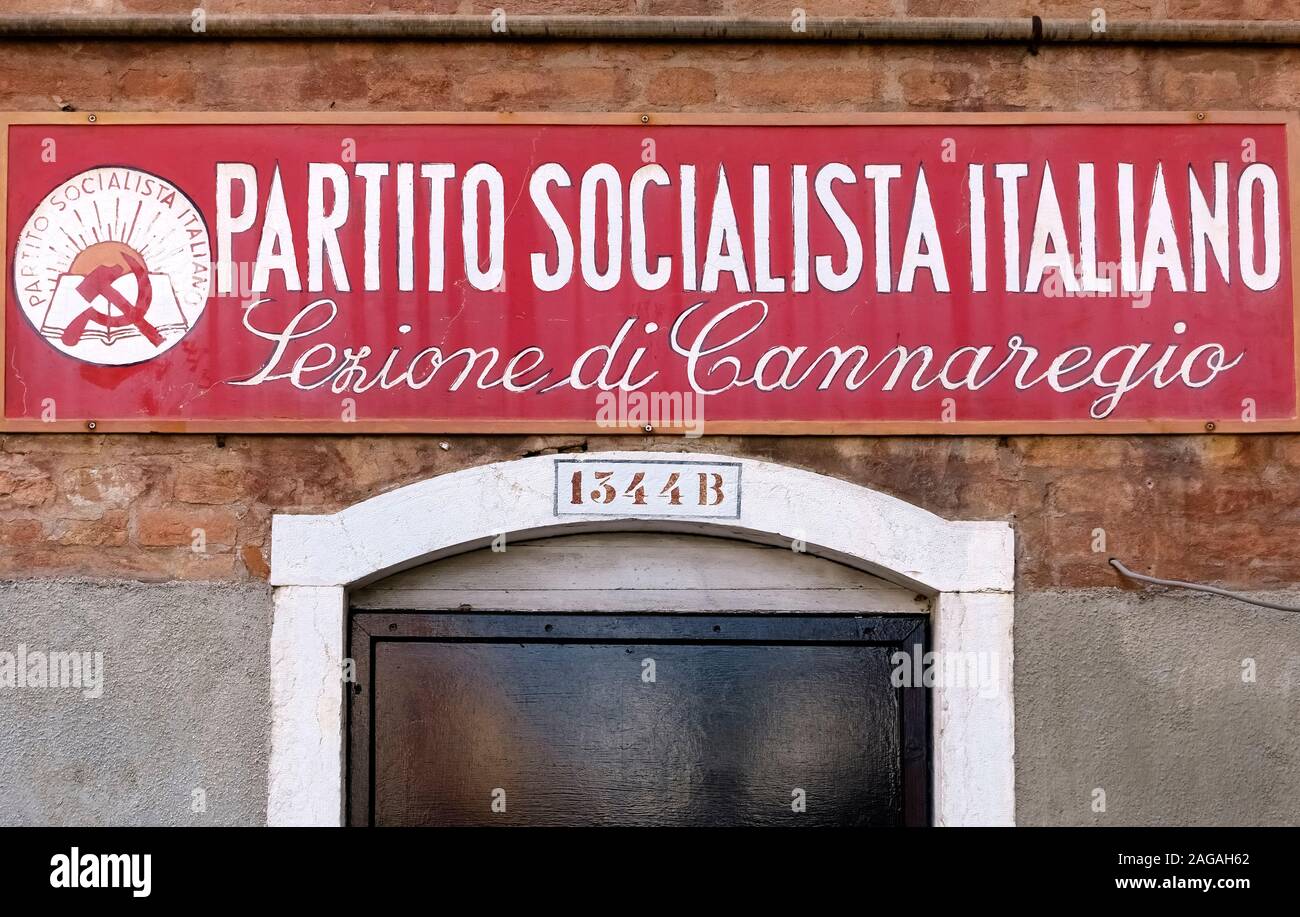 Sign board on the entrance of the old seat of the Italian Solcialist Party at Cannaregio. Venice, Veneto, Italy. Europe, EU. Close up Stock Photo