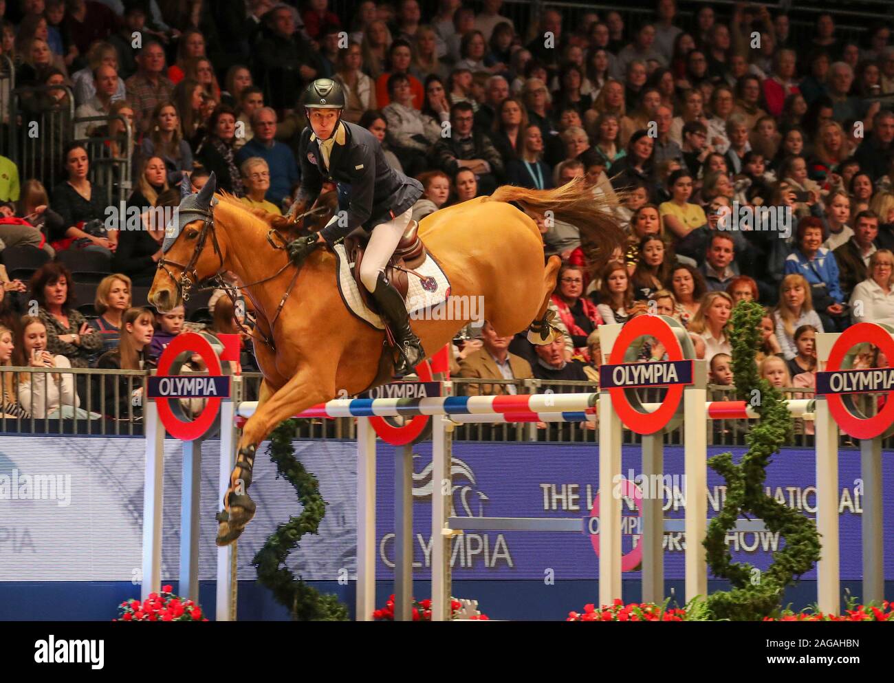 William Whitaker riding RMF Echo competes in the Santa stakes during day three of The London International Horse Show at London Olympia. Stock Photo