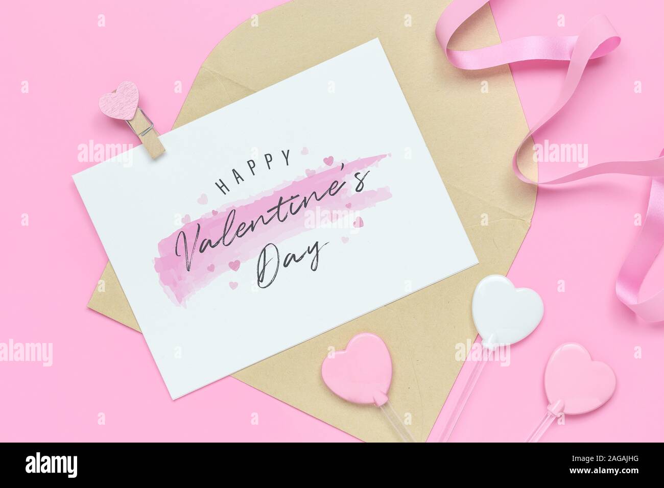 Mockup postcard and envelope on pink background with Happy valentines ...