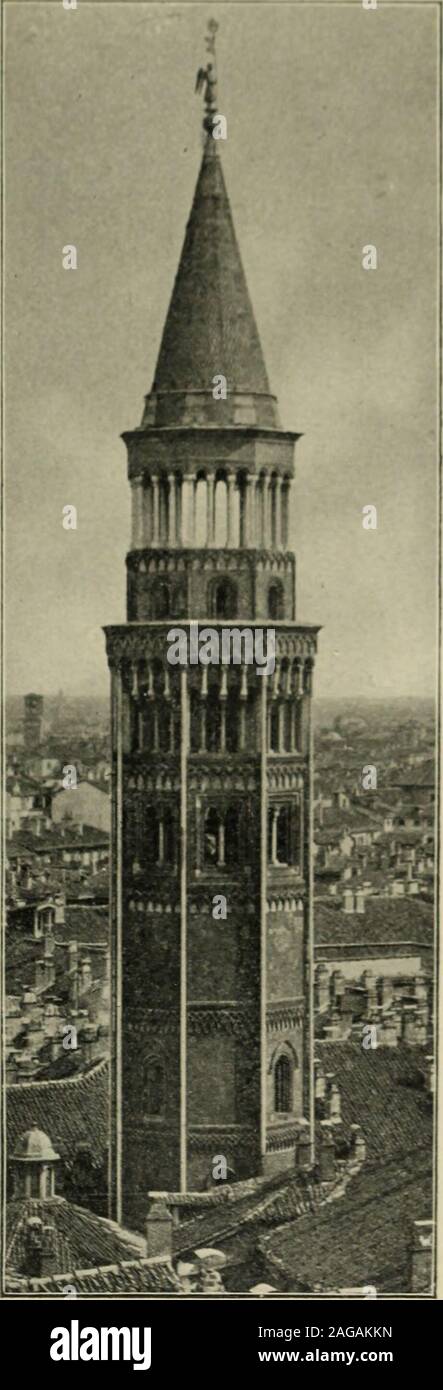 . A history of architecture in Italy from the time of Constantine to the dawn of the renaissance. rs, it is])rol)al)le that the Loid of Milan, afterthe fashion of the time, elaimed mori;than his due, and that his work waseither in the nature of a restoration orconHned to the addition of a nave andaisles to the octagon which formed theoriginal church, and of which six sidesare still visible, half buried in the mod-ern Palazzo Keale. The tower is beautiful not only asan architectural composition, but alsofrom its coloring. The angles are de-fined by slender shafts of white marble,and these are r Stock Photo