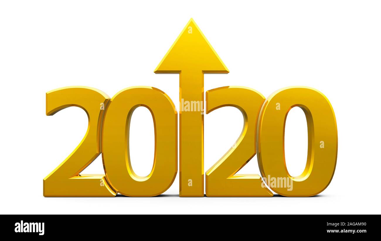 Gold 2020 with arrow up isolated on white background, represents growth in the new year 2020, three-dimensional rendering, 3D illustration Stock Photo