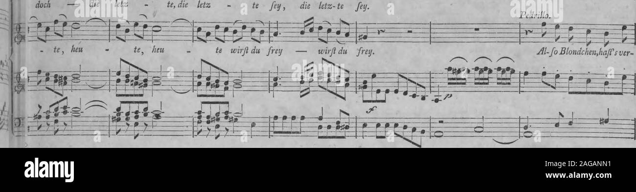 . Die Entfuhrung aus dem Serail : ein komisches Singspiel in drey Aufzugen (1796). Hol - de! laß hin-weg fie kiif-fen! jat noch heu-te wirfl du frey, ja noch heu & CCif r r f&gftft$$p T |%g^ajpj|p^Sig JSä :-r i giiSgfgllggg^ te fey, die letz-te fey.. mmmmm^mßMmm^mmm jiaadcn Alles iß zur Flucht vor -handen, um Schlag zwölfe find wir da, um Schlag zwölfe find u Stock Photo