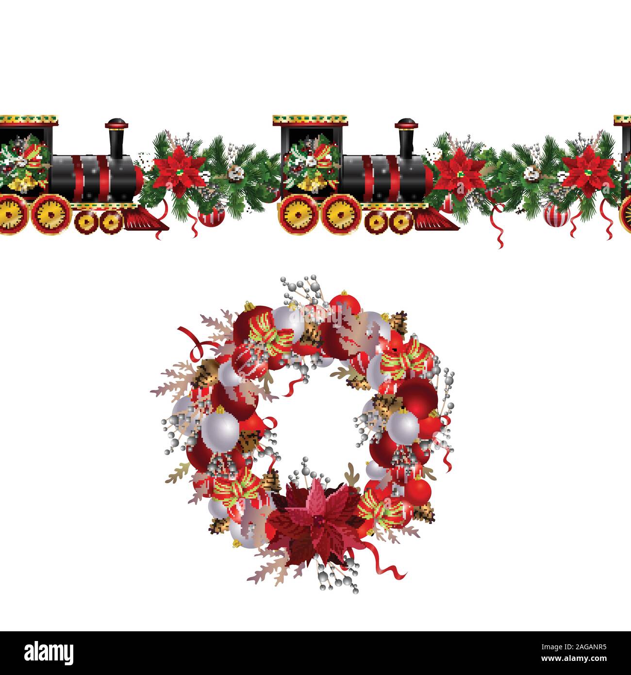 Little Christmas train seamless pattern decorated red ribbon Vector Stock Vector