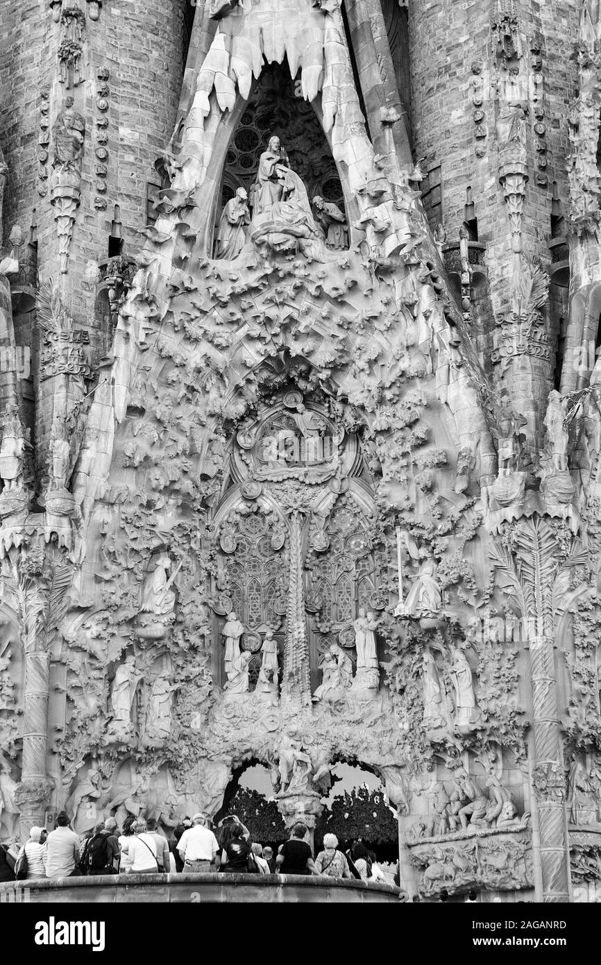 Close-up of the architecturally intricate east elevation of the Sagrada Familia in Barcelona. Stock Photo