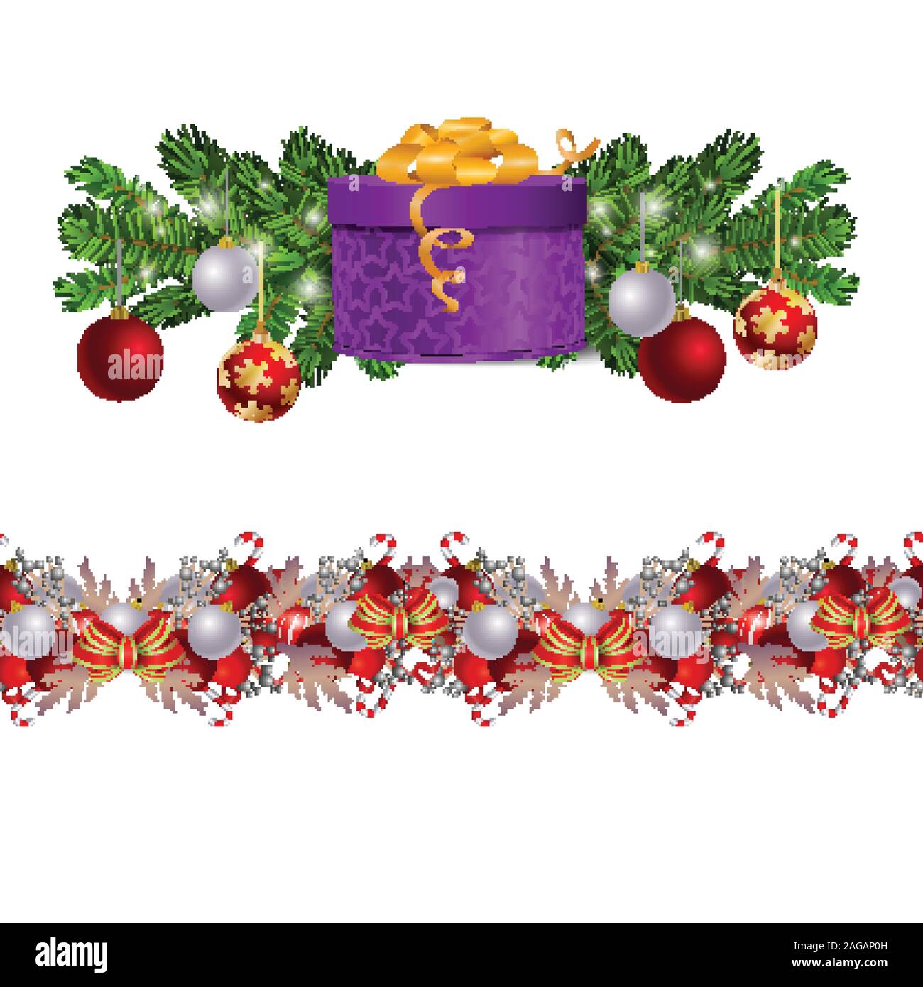 Christmas decorations with fir tree and decorations seamless border ...