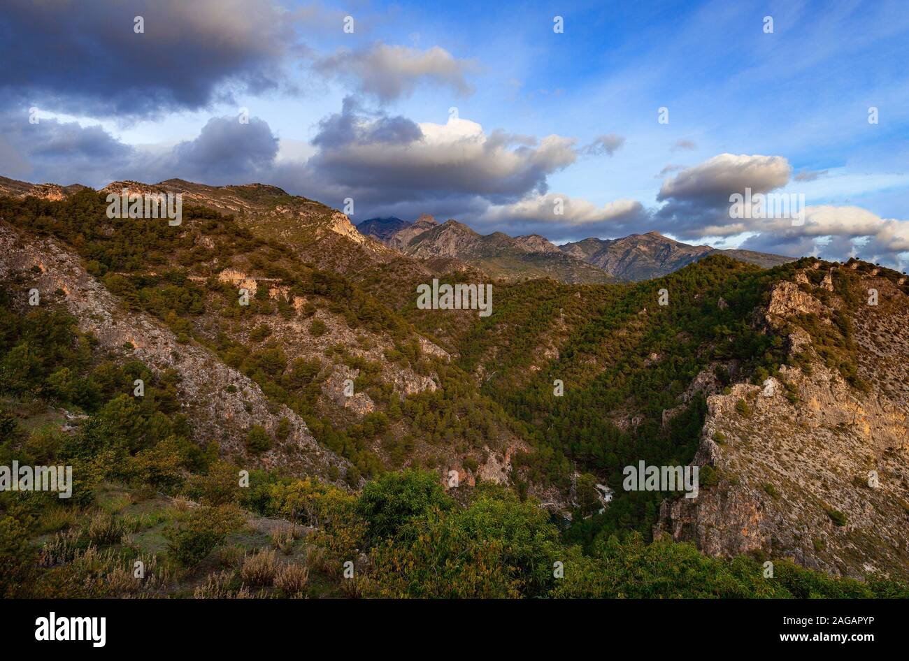The Sierra de Enmedio, mountain massif rising a behind Frigiliana in the province of Malaga, Andalusia, Spain. Stock Photo