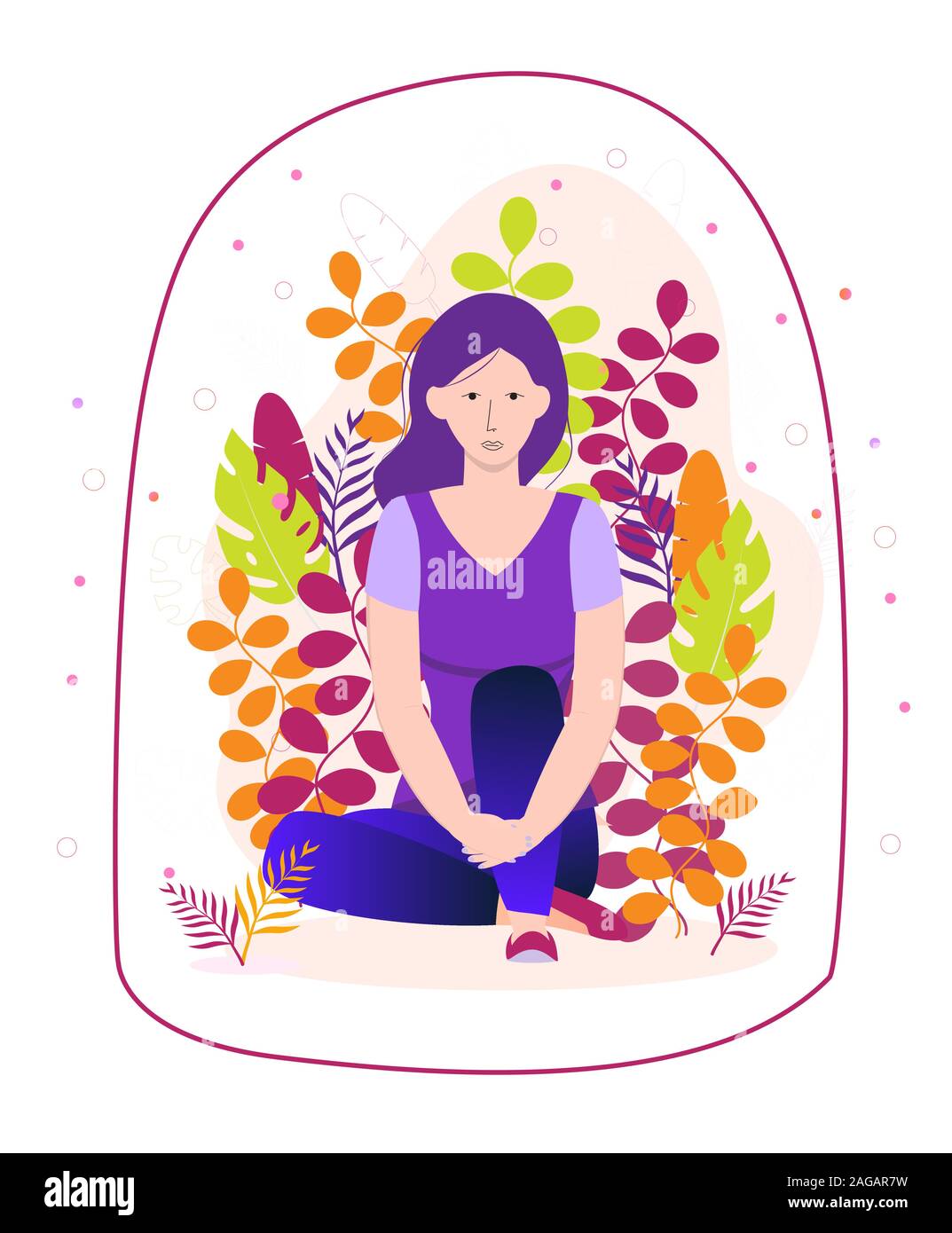 Introvert is sitting and immersed in his inner spiritual world on a floral background. Transparent dome is metaphor. Introverted girl character in Stock Vector