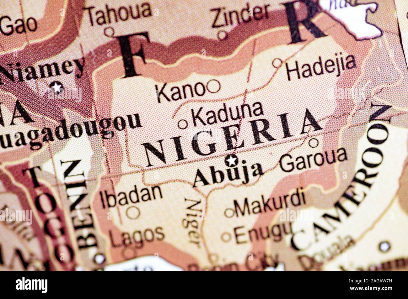 Closeup shot of the Nigeria country on the map Stock Photo