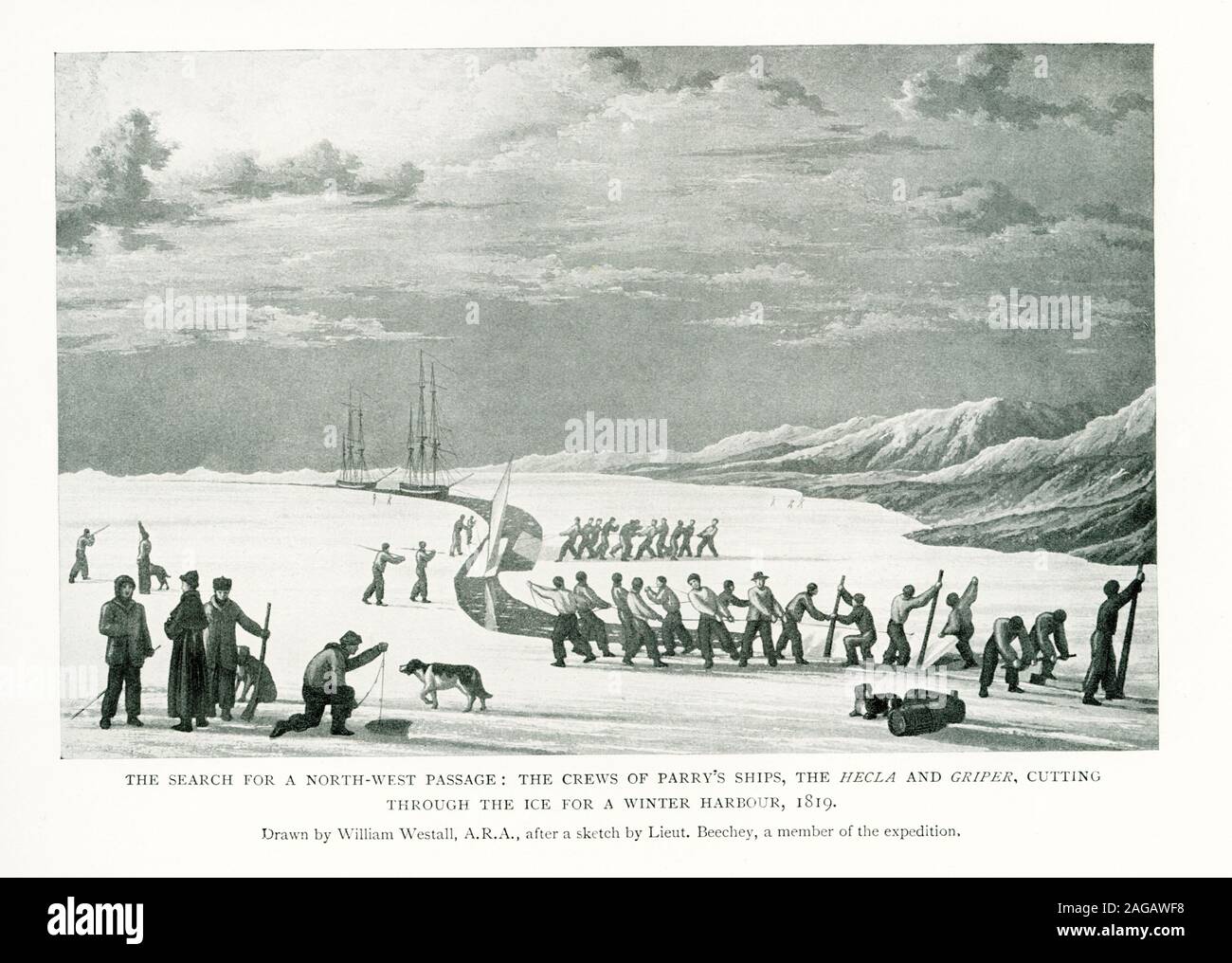 This illustration dates to 1912 and the caption reads: The Search for a North-west Passage: the Crews of Parry’s Ships, the Hecla and Griper, Cutting Through the Ice for a Winter Harbour, 1819. Drawn by William Westall, A.R.A., after a sketch by Lieut. Beechey, a member of the expedition. Parry was an English explorer of the Arctic who was known for his 1819 expedition through the Parry Channel, probably the most successful in the long quest for the Northwest Passage. In 1827 he attempted one of the earliest expeditions to the North Pole. Stock Photo