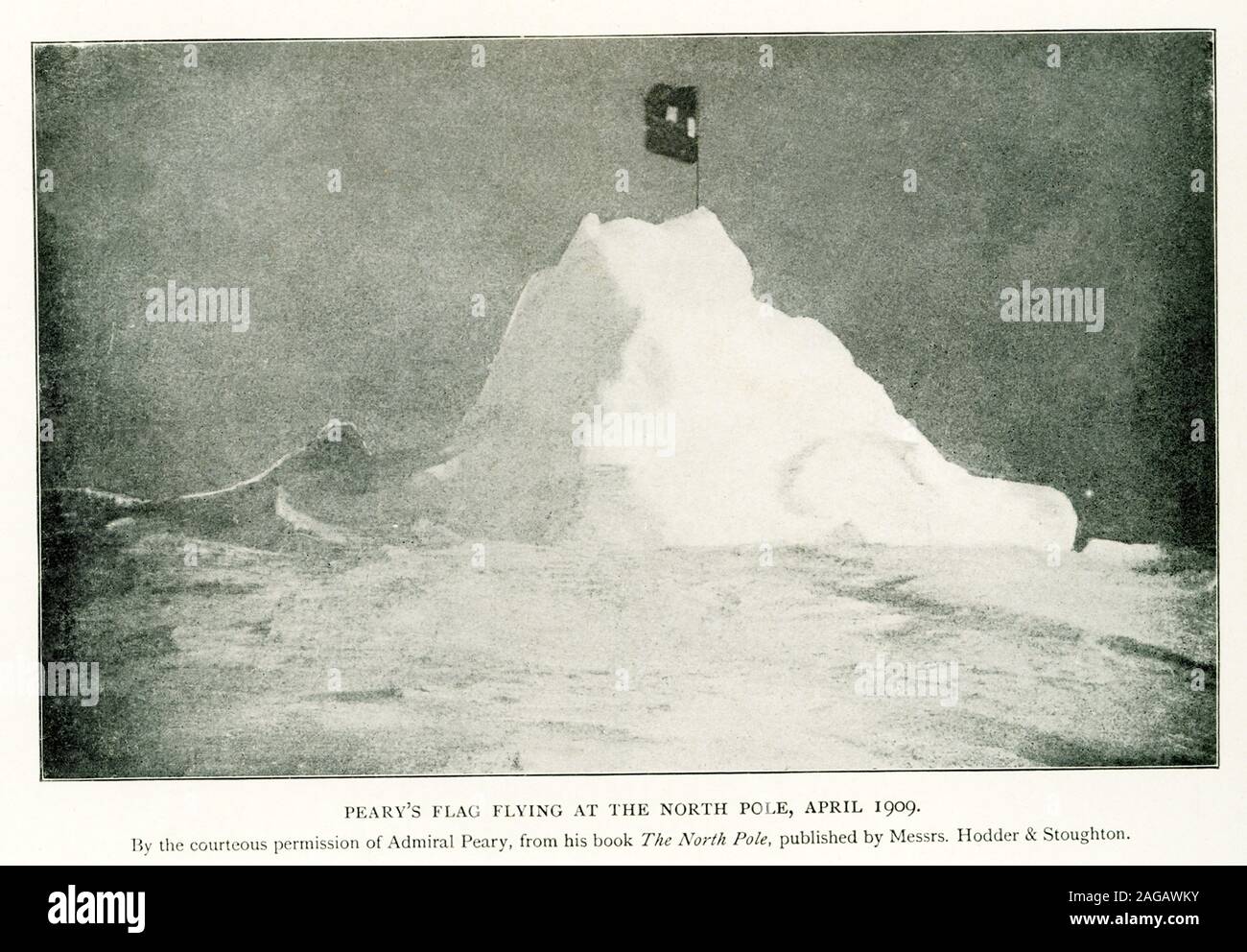 This photo shows Peary’s flag flying at the north Pole, April 1909. By the courteous permission of Admiral Peary, from his book The North Pole, published by Messrs. Hodder & Stoughton. Peary was an American explorer and United States Navy officer who made several expeditions to the Arctic in the late 19th and early 20th centuries. He is best known for claiming to have reached the geographic North Pole with his expedition on April 6, 1909. Stock Photo