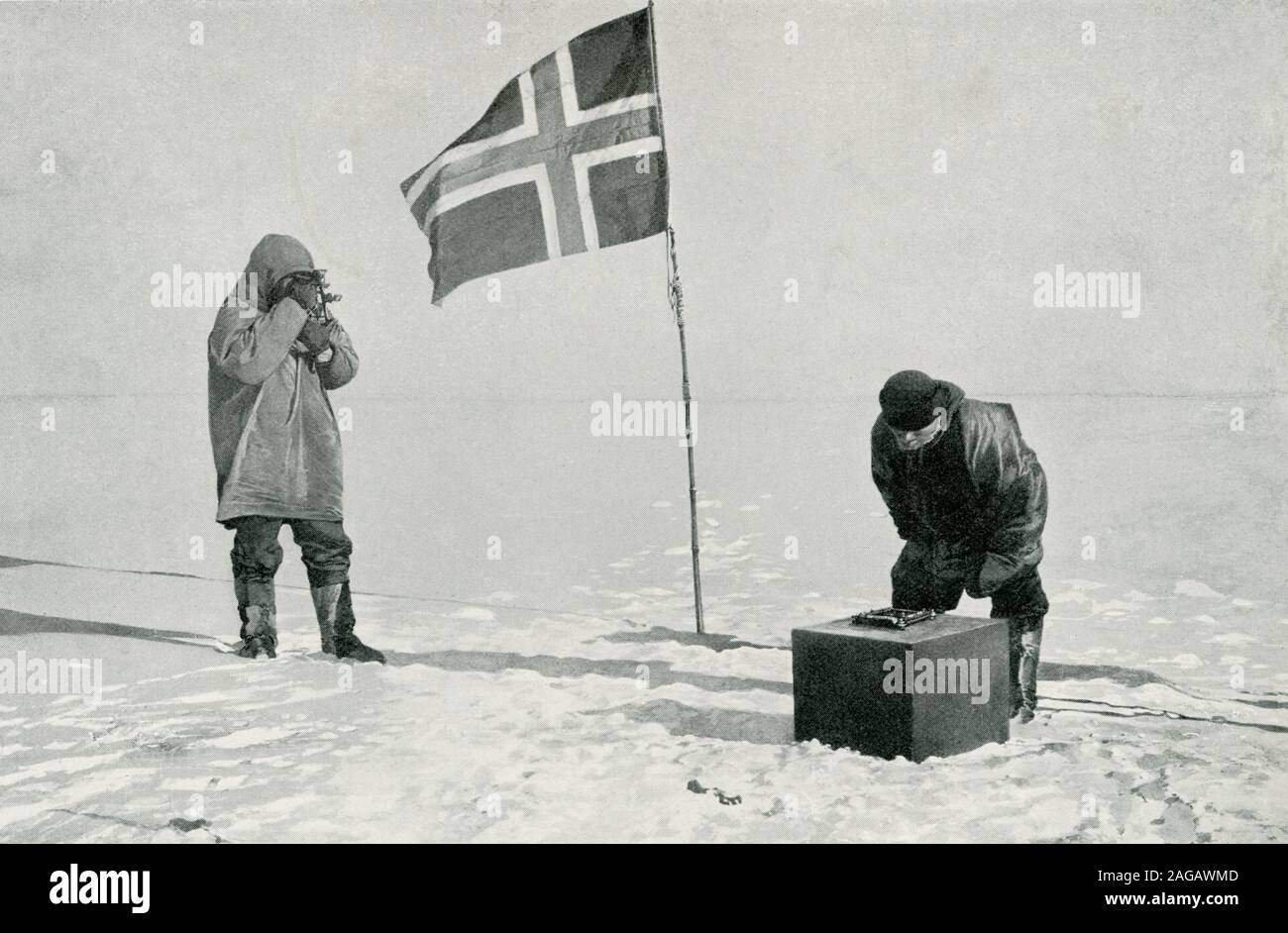 This photo shows Captain Roald Amundsen Taking Sights at the South Pole. The caption continues from a photograph, by permission of Mr. John Murray and the Illustrated London News.  Amundsen was a Norwegian explorer of polar regions and a key figure of the Heroic Age of Antarctic Exploration. He led the first expedition to traverse the Northwest Passage by sea, from 1903 to 1906, and the first expedition to the South Pole in 1911. Stock Photo