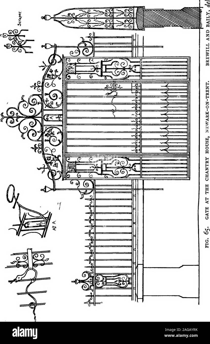 . English ironwork of the XVIIth & XVIIIth centuries; an historical & analytical account of the development of exterior smithcraft. anches of laurel leaves. The third pair wereimperfect, with scrolled lock-rail and a vertical panel in each gate.Scrolls, water-leaves, and tendrils form a base for an overthrow,of which only two cornucopiae remained, with rich foliage andflowers. There are handsome gates to the front and in the gardensof Packwood House. Some magnificent work in the grounds of Stoneleigh Abbey istraditionally believed to have been brought from Watergate be-yond Southam. Excellent Stock Photo