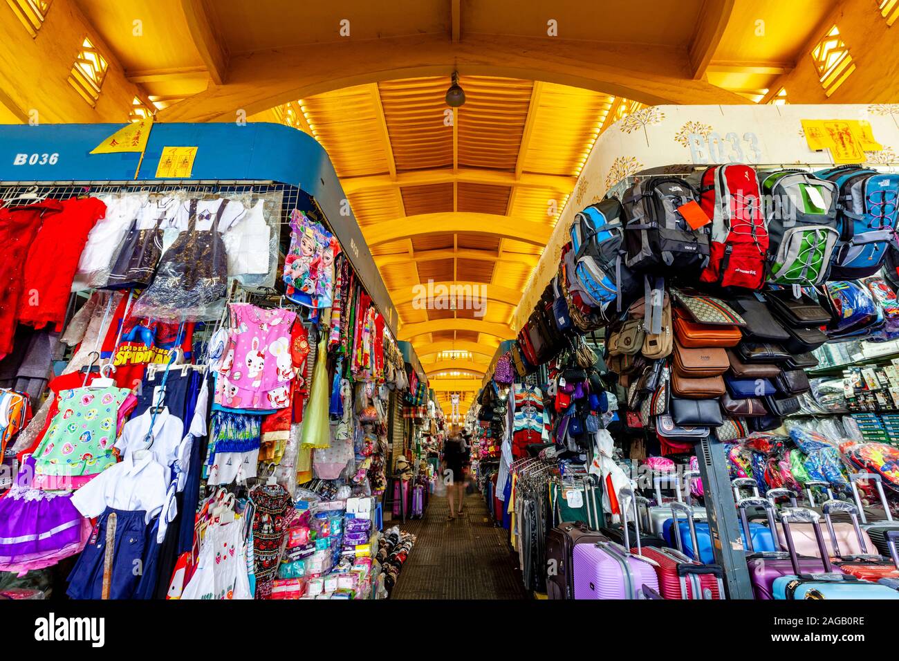 Clothes and Luggage For Sale In The Central Market, Phnom Penh, Cambodia. Stock Photo