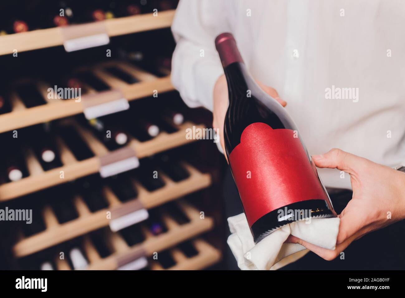 Storing bottles of wine in fridge. Alcoholic card in restaurant