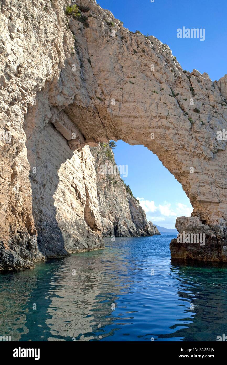 Marathia arch at Kap Skinari, location of the blue caves, Zakynthos ...
