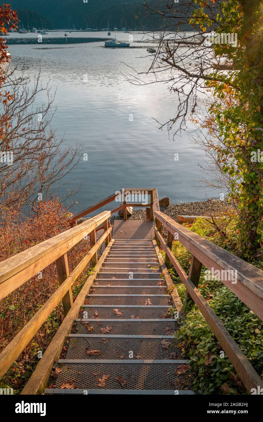 A vertical high angle shot of a staircase at the lakeshore surrounded by a mountainous scenery Stock Photo