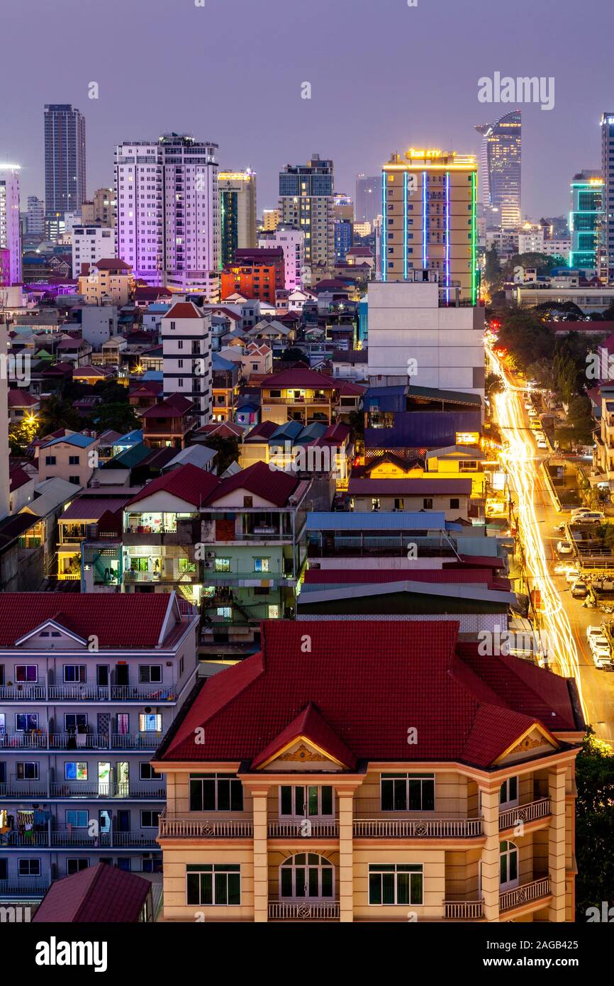 An Elevated View Of The Phnom Penh Skyline, Phnom Penh, Cambodia. Stock Photo