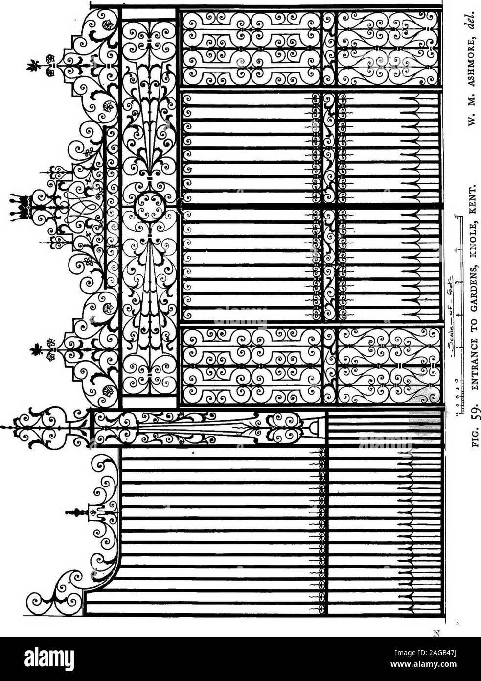. English ironwork of the XVIIth & XVIIIth centuries; an historical & analytical account of the development of exterior smithcraft. lasters other panels of verticalbars with scrolled cresting rising towards the stone piers. Someother garden gates also bear monograms and coronets, and asmall pair in an arched opening reproduce the M and D in thelock-rail. These gates differ from all others in the southern counties, butreproduce the peculiar horizontal panels of scrolled bars converg-ing to a central circle seen in the gates to Jesmond Hall, New-castle, Chester-le-Street, and Tanfield to the nor Stock Photo