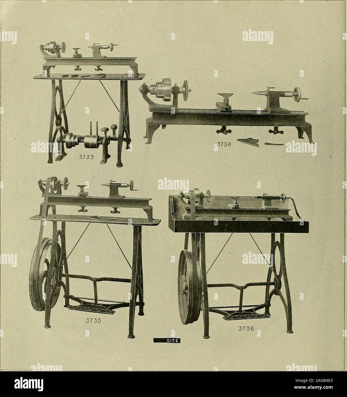 . 20th century catalogue of supplies for watchmakers, jewelers and kindred trades. LATHES. Grinding and Polishing. No. 3727. Improved Polishing Lathe, weight 160 lbs., with No. 3745 head |20. 00 With No. 3743 head 18.00 3728. Improved Polishing Lathe, weight 110 lbs 14.00 Extra for head, with chuck 1.00 3729. Polishing Lathe TOO Extra for head, with chuck 25 No. 3730. Opticians and Lapidaries Grinding Lathe 110.00 3731. Dental Lathe, with swing treadle, high speed, with head 20.00 3732. Improved Polishing Lathe, designedespecially for light buffing, requiredby gold and silver platers, weight15 Stock Photo