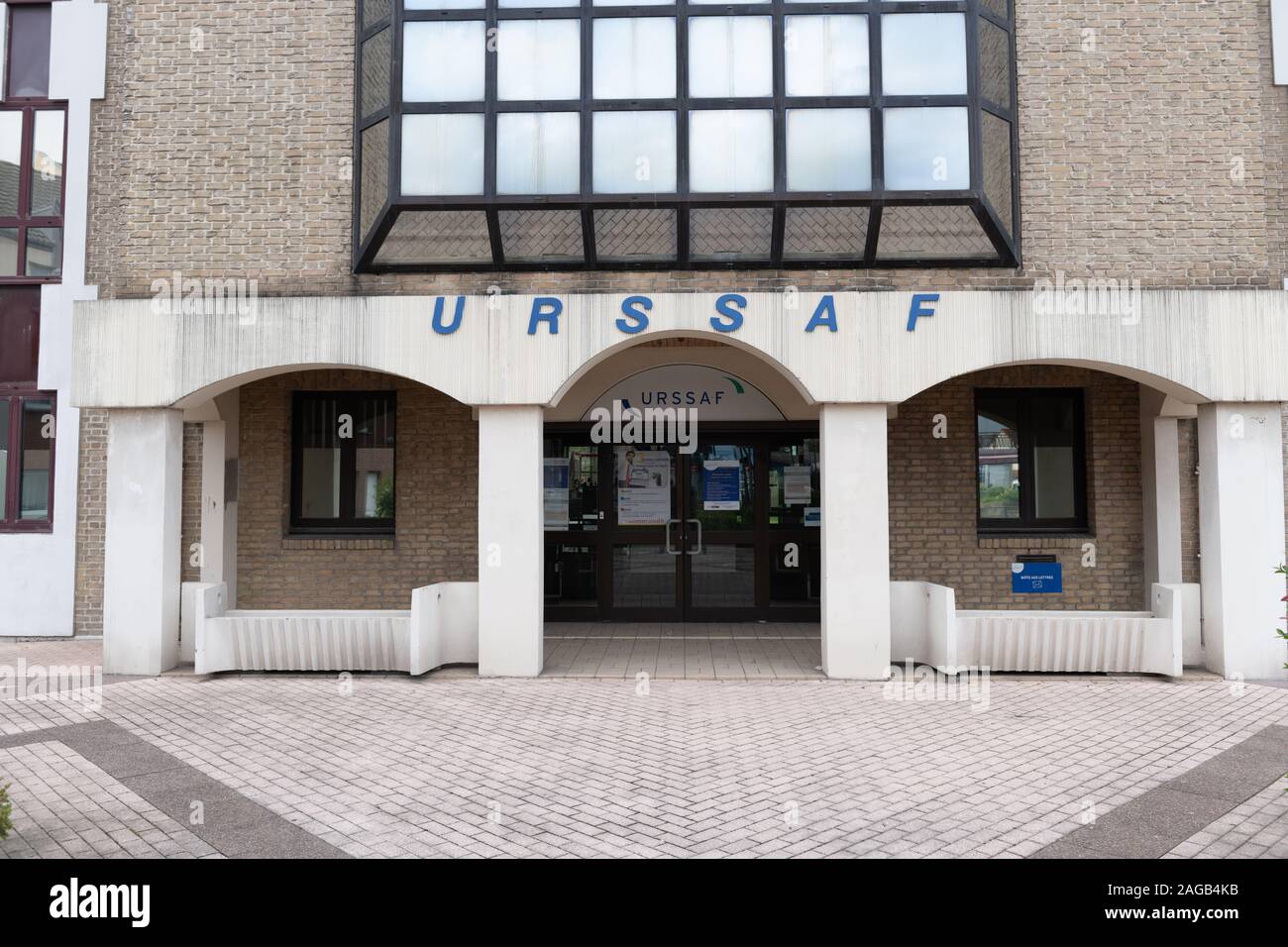 Calais, France - May 07, 2019 : Urssaf logo on building, office government agency collect social contributions Stock Photo