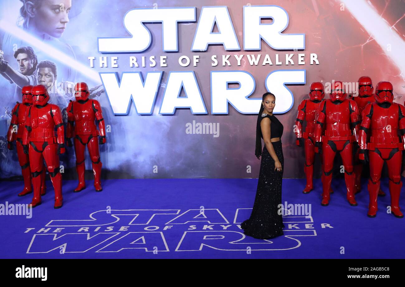 Naomi Ackie attending the premiere of Star Wars: The Rise of Skywalker held at the Vue Leicester Square in London. Stock Photo