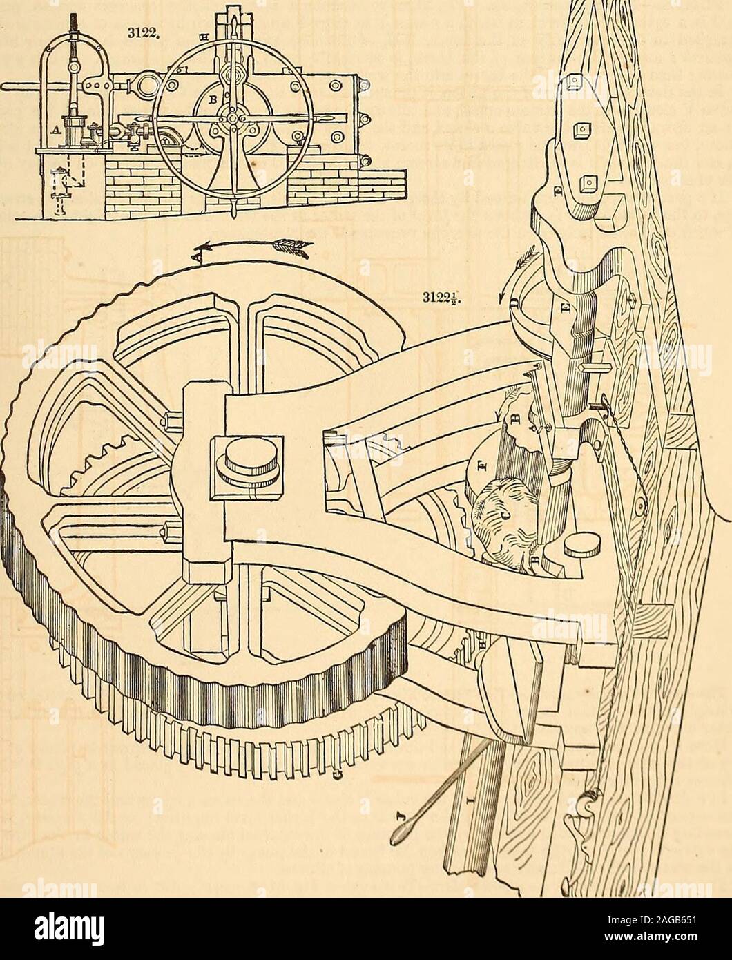 . Appleton's dictionary of machines, mechanics, engine-work, and engineering. B, hydrostatic cylinder. C C, wrought-iron cross-heada. D D, wrought-iron bars, connecting cross,heads C C. F, granite sills. H, screw-wheel, for forcing back the ram. E, Fig. 3120, compound levers, for ascertaining the strain: proportion, 1 to 200. Fig. 3122, section.. PUDDLERS BALLS, MACHINE FOR COMPRESSING, by J. P. Win-slow. Troy, N. Y. In Fig.3122^, A is the rotating cam-formed compressor. B B, two cylindrical bod rollers. 0, loop or bill of iron,resting upon and between the two bed-rollers in position for being Stock Photo