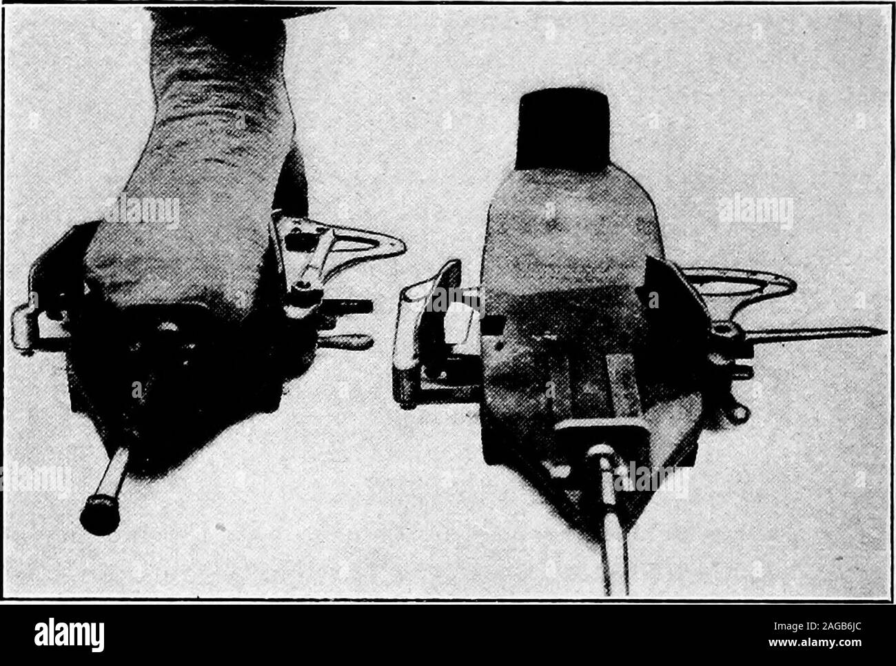 . A manual on foot care and shoe fitting for officers of the U.S. Navy and U.S. Marine corps. aise the heel one-fourth to half aninch placing all the superimposed weight on the ball of thethe foot. This rising simulates locomotion; and since he isbearing all the weight he usually bears on the march the actwill cause the same expansion of the foot length and sidewise. Upon this act of rising there is a resultant spread of the foot;a pushing of the plunger forward; and he wings laterallyindicating automatically the correct shoe length and width. The indication of the shoe length is always positi Stock Photo