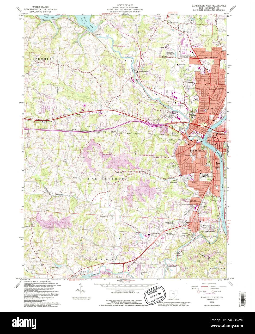 USGS TOPO Map Ohio OH Zanesville West 228352 1992 24000 Restoration Stock Photo