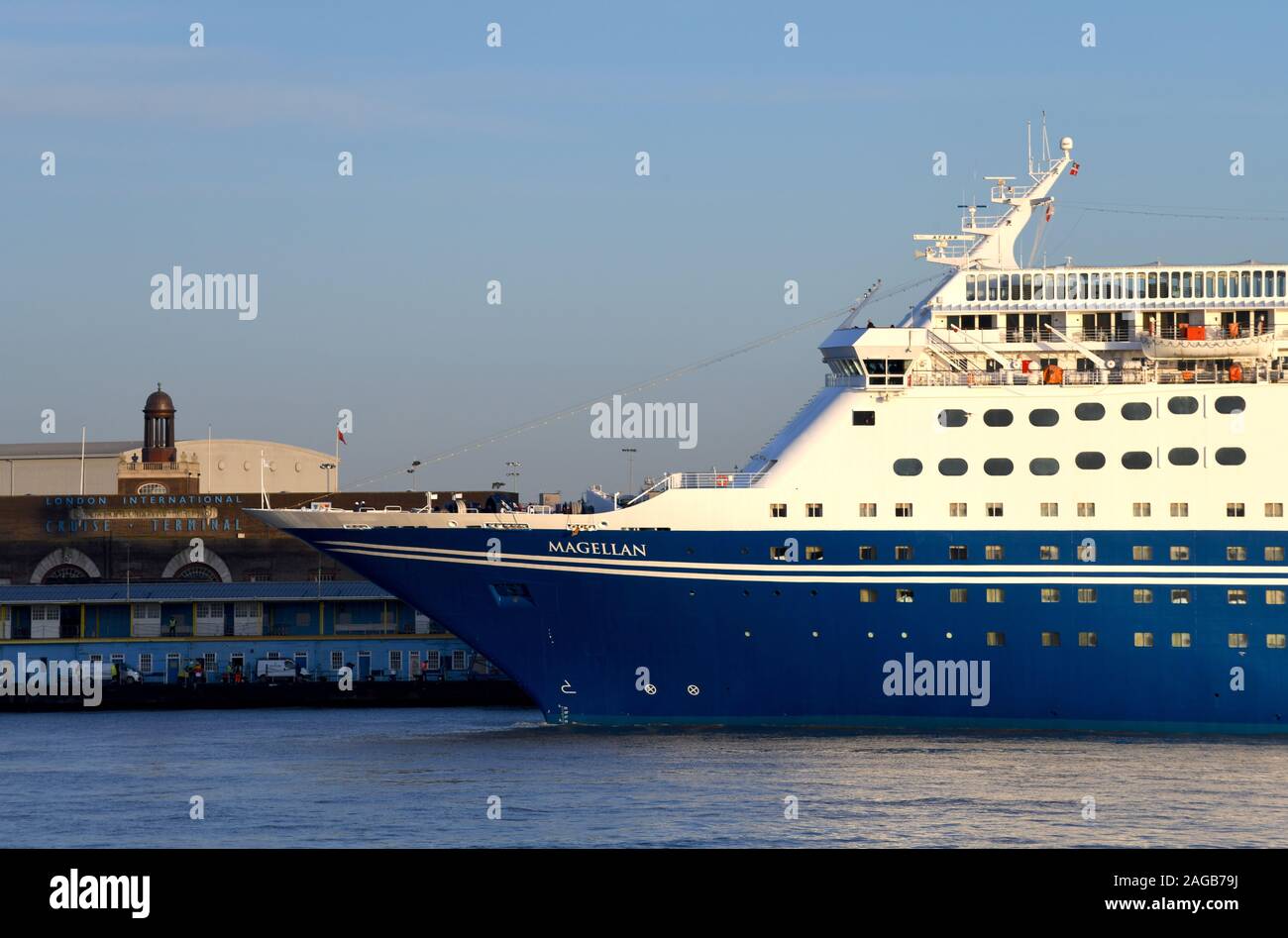 Cruise ship MV Magellan is part of the CMV fleet. She is pictured arriving at  London International Cruise Terminal, Tilbury just after sunrise. Stock Photo